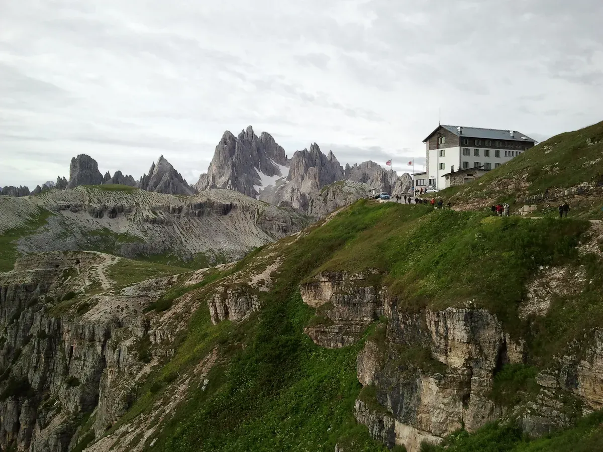Rifugio Auronzo hut at the end of the Tre Cime toll road, a fixed cost when working out how much the Dolomites cost